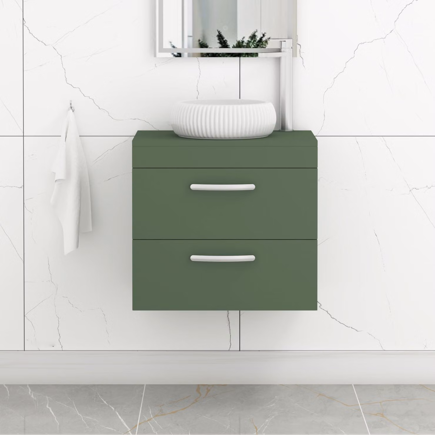 Royal Bathrooms Turin 600mm Wall Hung Vanity Unit with 2 Drawers and Milan Countertop Basin in Matt Green with Matt Black Handles