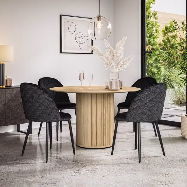 More4Homes Arlo Oak Round Dining Table and 6 Black Raye Velvet Dining Chairs Set