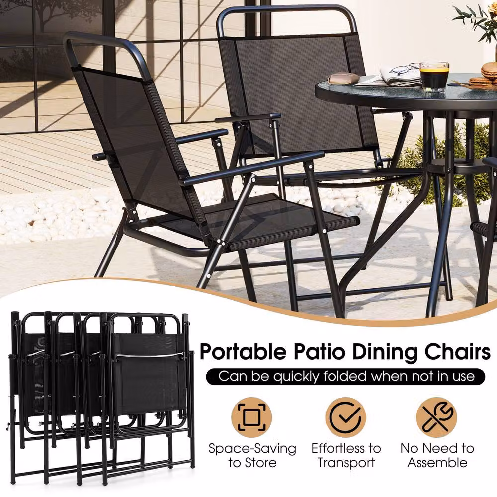 Gymax 6 Piece Outdoor Dining Set with Glass and Metal Table for 4 in Black – 3