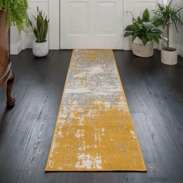 The Rug House Yellow and Grey Distressed Abstract Modern Living Room Rug, W: 240 cm, D: 60 cm
