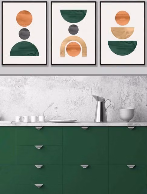 ARTZE Set of 3 Mid Century Abstract Geometric Wall Art with Black Frames in Green, Orange and Yellow, W: 45 cm, H: 62 cm, D: 2 cm