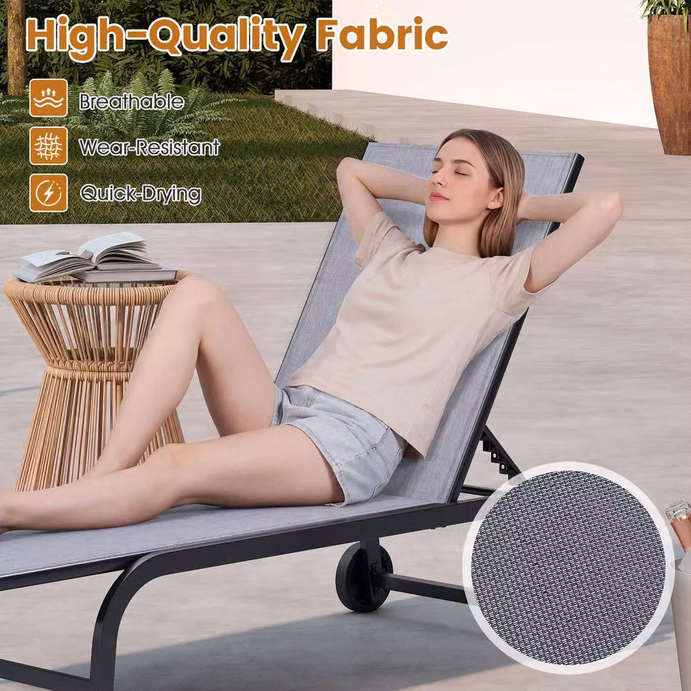 Costway Grey 6-Position Reclining Chaise Lounge Chair with Wheels and 181 Degree Full Flat Function – 7