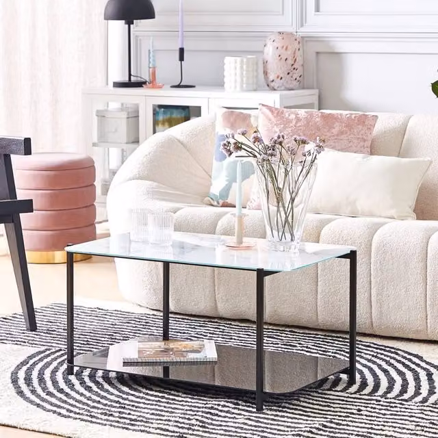 Wyld and Coco Marble Effect Tempered Glass Coffee Table in Black and White with Black Steel Base, W/D/H: 47 x 40 x 47 cm – 1