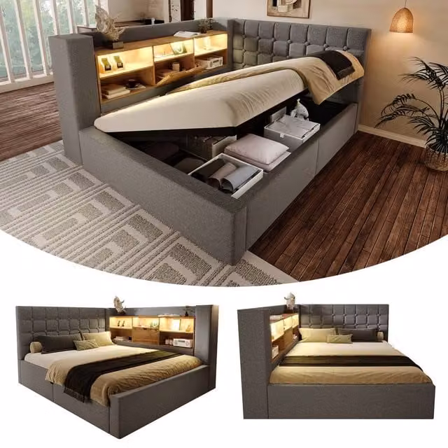 BTM Grey Upholstered Double Day Bed with USB Type C Charging Port, Under-Bed Lighting and Side Storage Compartments, W/D/H: 140 x 200 cm – 1