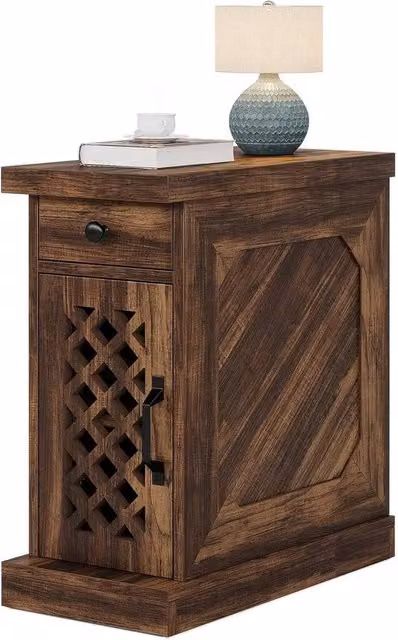 VOGREX Rustic Narrow Wood End Table with Drawer in Brown – 1