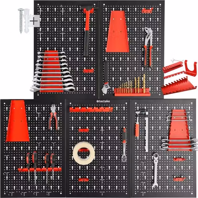 tectake Jonah Steel Tool Pegboard with Hooks and Holders, Black and Red, W: 200 cm