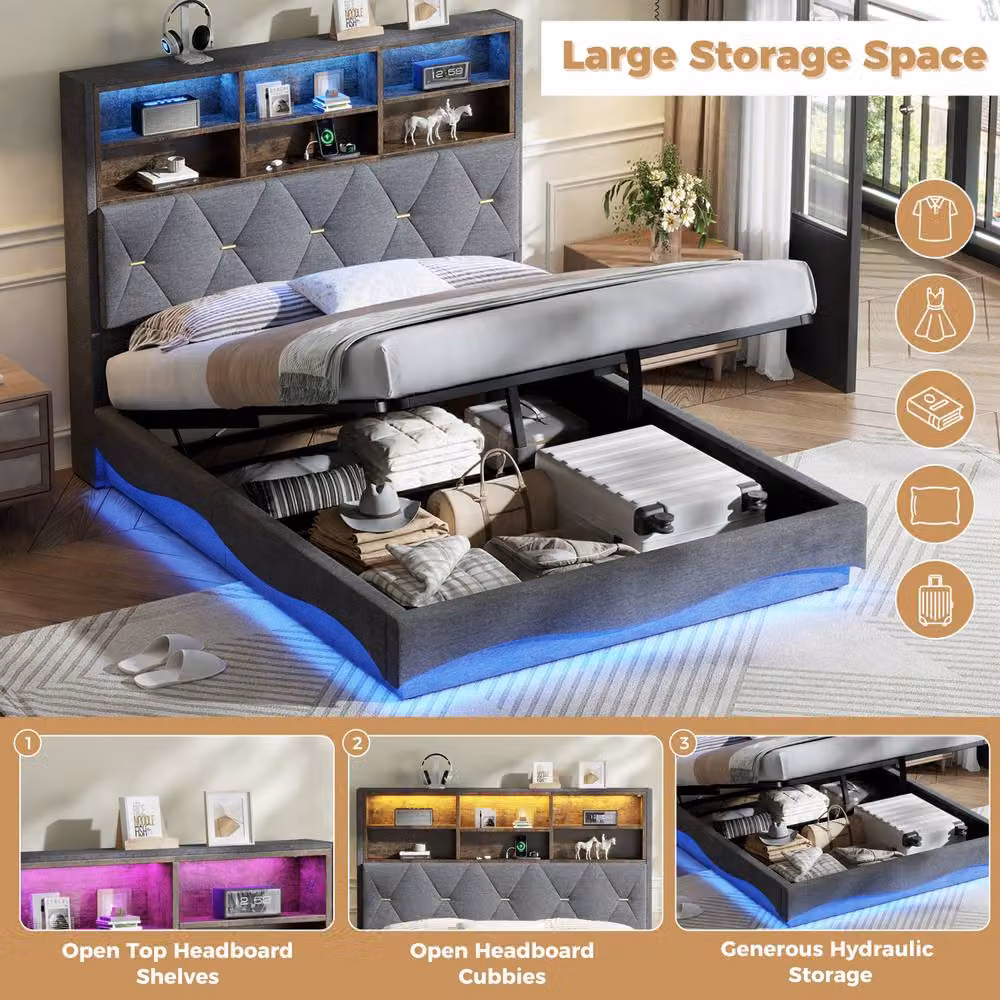 Matteo Double Grey Linen Upholstered Bed Frame with Hydraulic Storage, LED Lighting, Bedside Shelf and USB Charging Port, W/D/H: 140 x 200 cm – 3