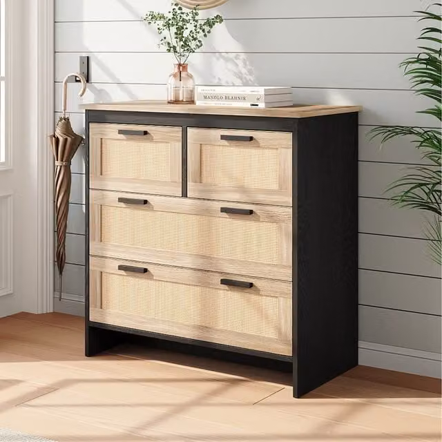 Komore Scandinavian Wooden Storage Chest of Drawers with Rattan Woven Texture in Beige and Black