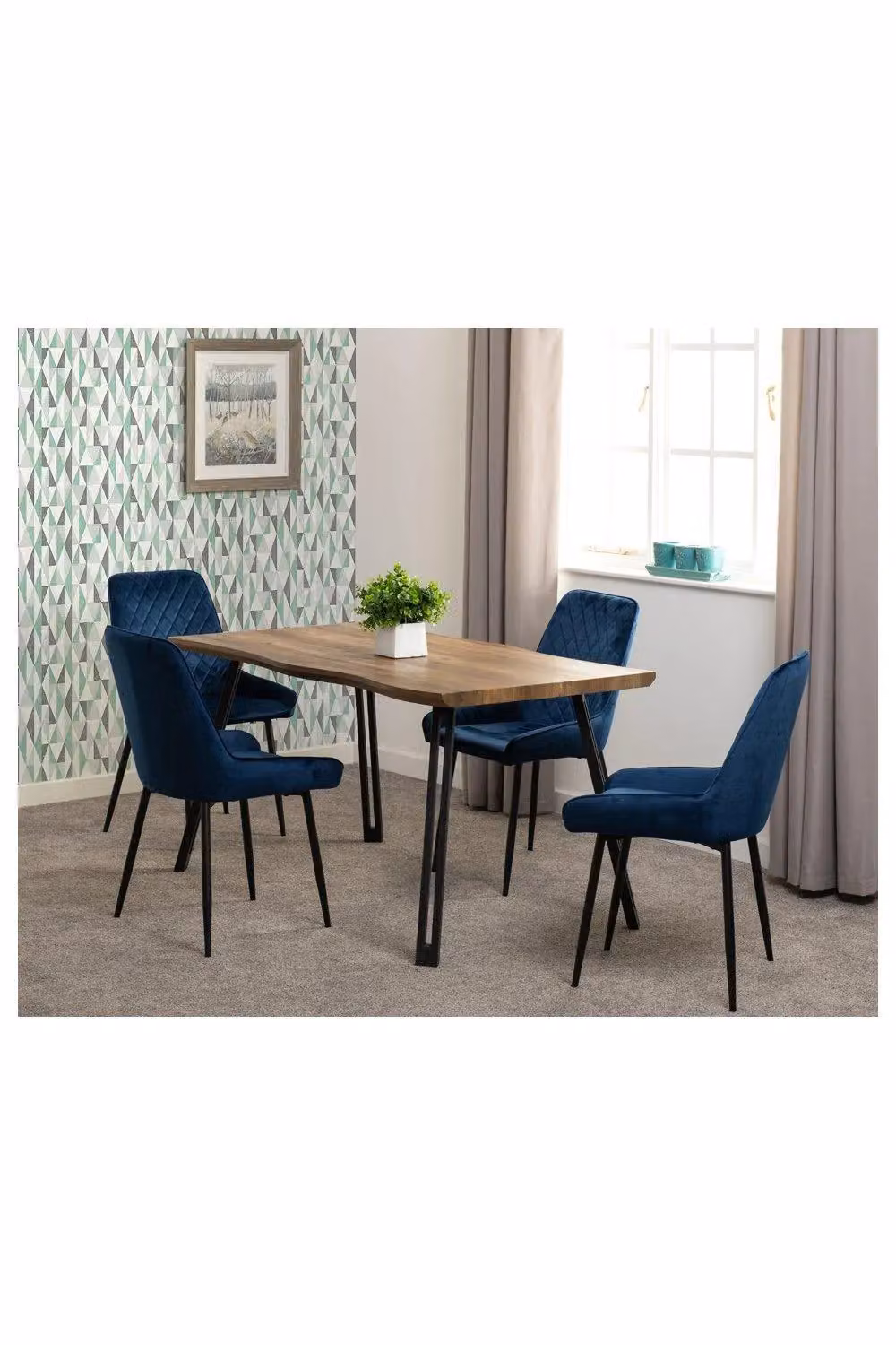 Seconique Quebec Wave Edge Dining Set with 4 Avery Blue Chairs in Oak Finish – 7