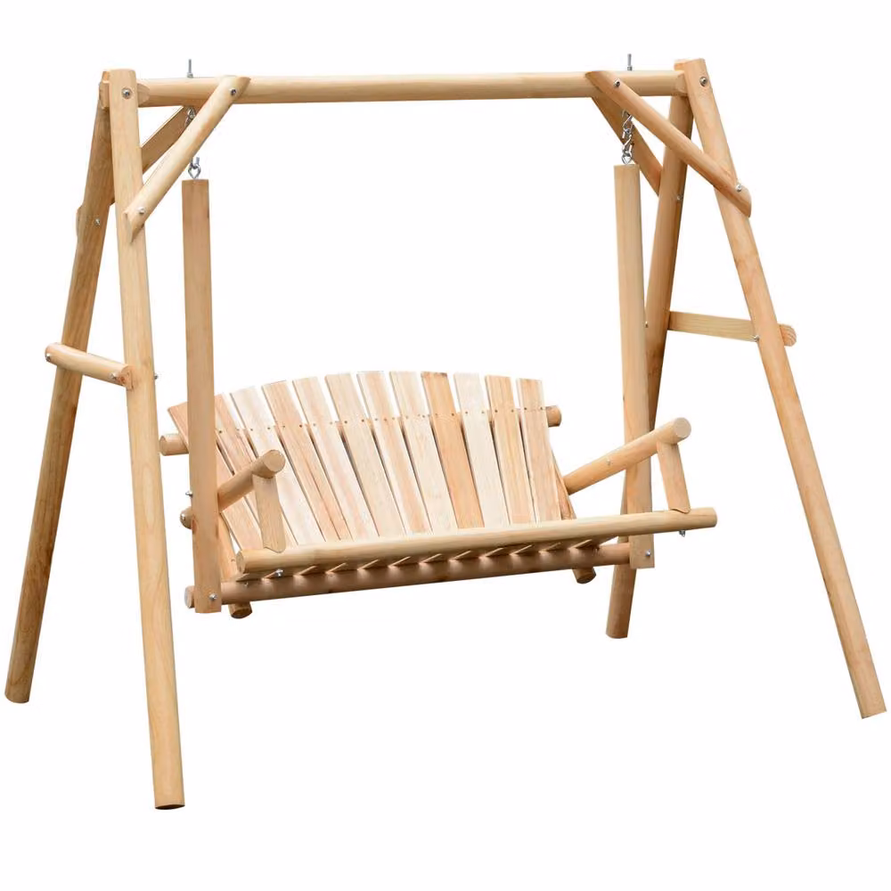 OUTSUNNY 2 Seater Rustic Wooden Outdoor Porch Swing Bench with Armrests in Natural Brown – 2