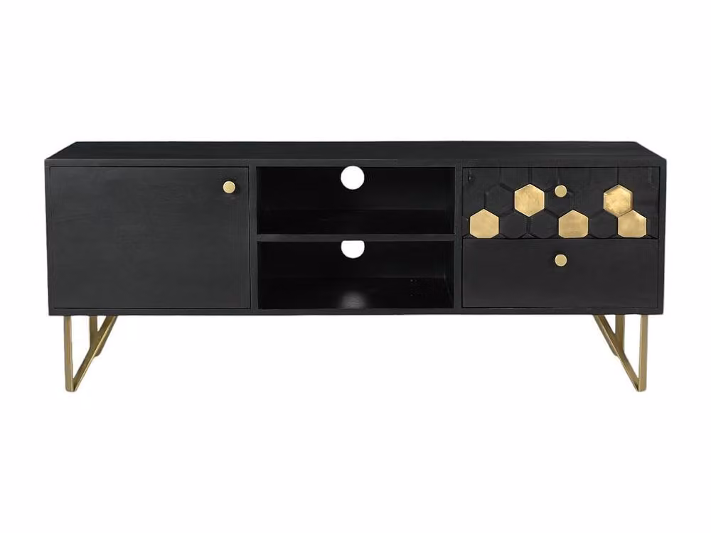 Vente-unique Modern Mango Wood and Metal TV Stand with 1 Door, 2 Drawers and 2 Shelves in Black and Gold, W/D/H: 130 x 40 x 50 cm – 2