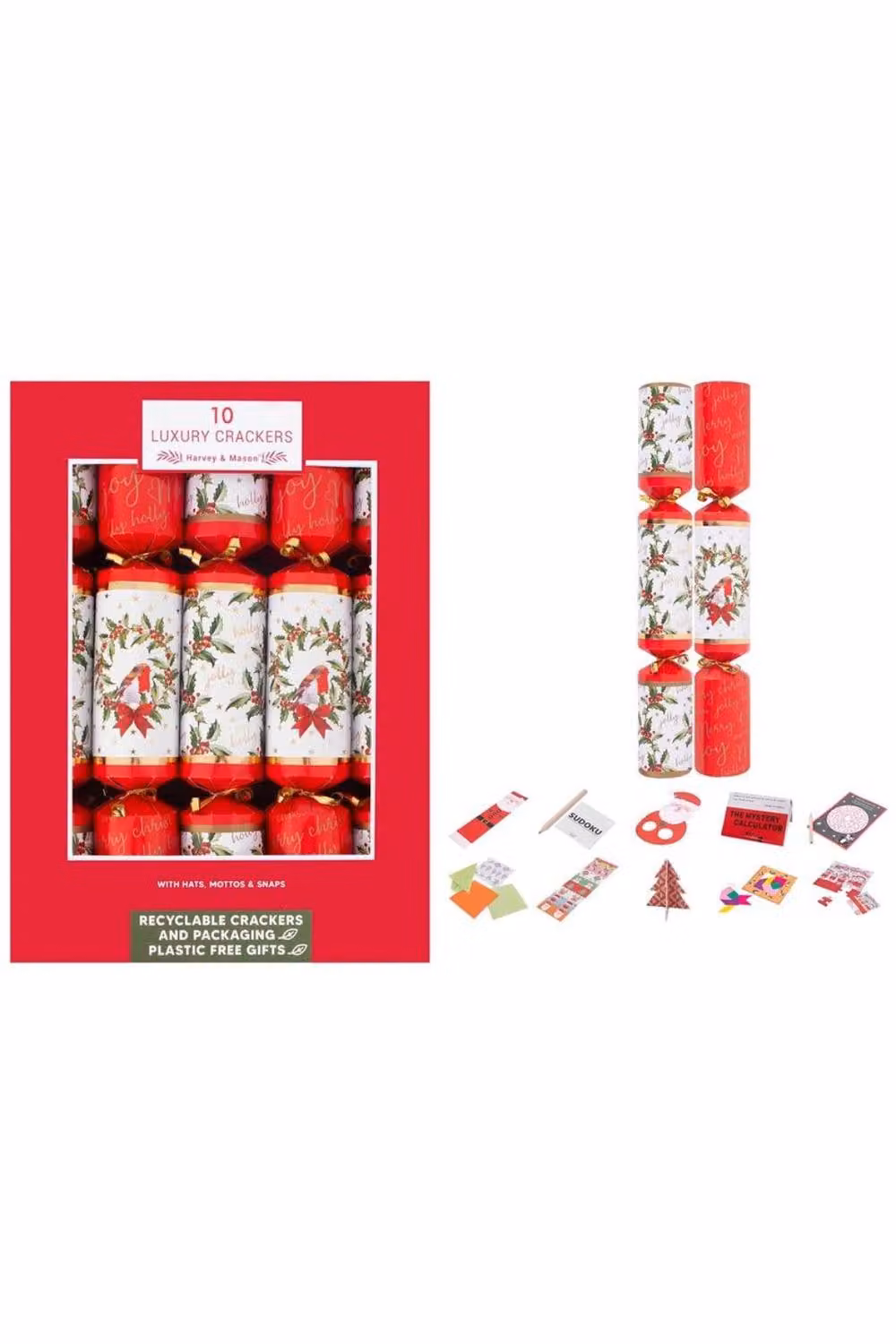 KDMD 10 Pack Luxury Holly Robin Christmas Crackers in Red and Gold with Floral and Bird Designs, 35.56 cm – 2