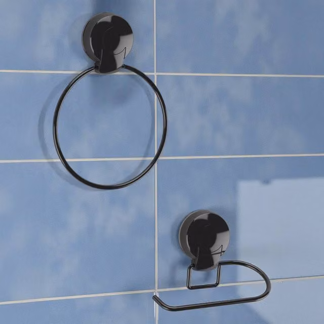 Showerdrape Suctionloc Black Steel Enamel 2 Piece Wall Mounted Bathroom Accessory Set – 1