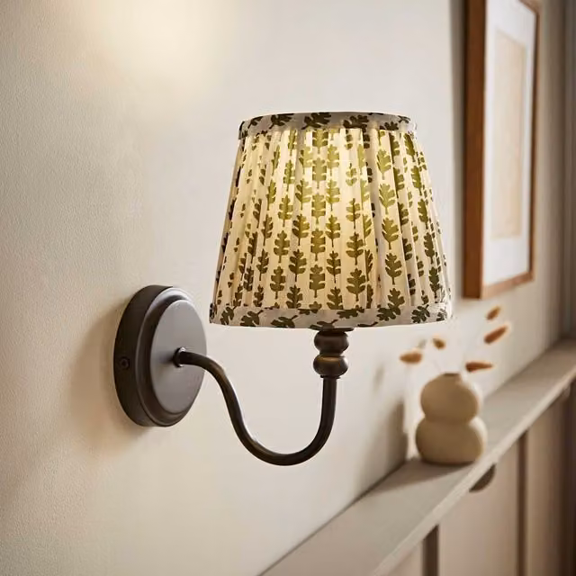 Binky Rechargeable Wall Light with Green Floral Fabric Shade in Black