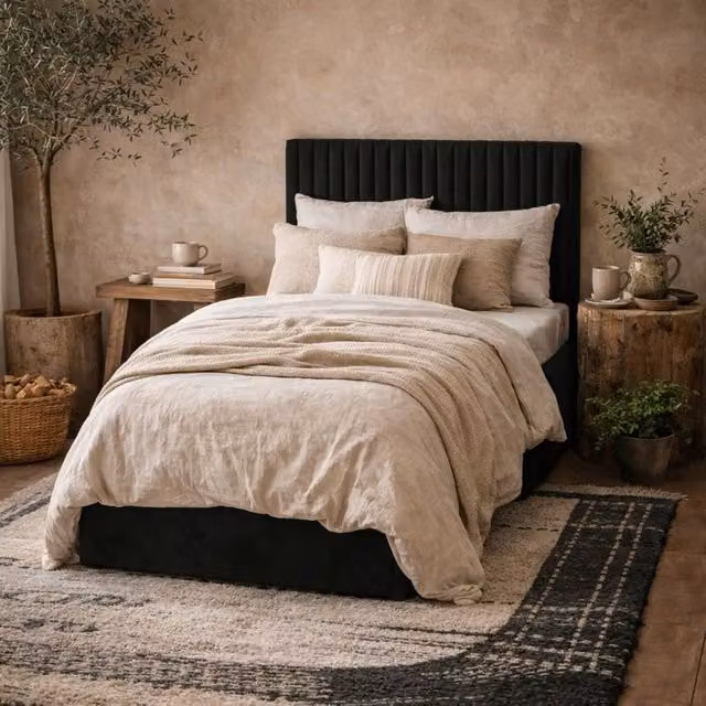 Wyld Haus Dublin Black Velvet Ottoman Single Bed with Tall Ribbed Headboard W/D/H: 90 x 190 x 124 cm – 1