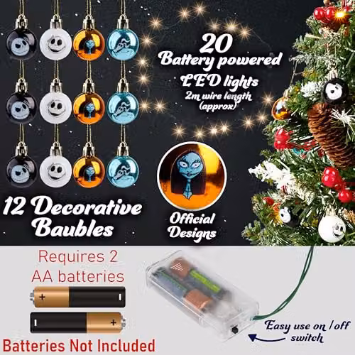 Disney Nightmare Before Christmas Tabletop Christmas Tree with 12 Baubles and LED White String Lights in Multi Colour – 3