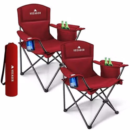 Voyager 2 Pack Folding Camping Chairs with Cooler Bag in Black and Red