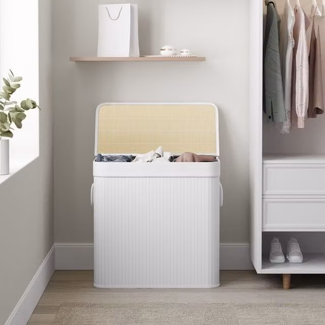 SONGMICS 150L Laundry Hamper Basket with 3 Sections and Lid, White