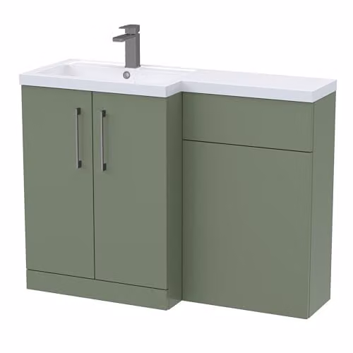 Balterley L-Shaped Vanity Unit and WC Unit with Worktop, Green, Floor Standing with 2 Soft Close Doors and Brushed Pewter D Shape Handles, Left Hand Sink Configuration – 1