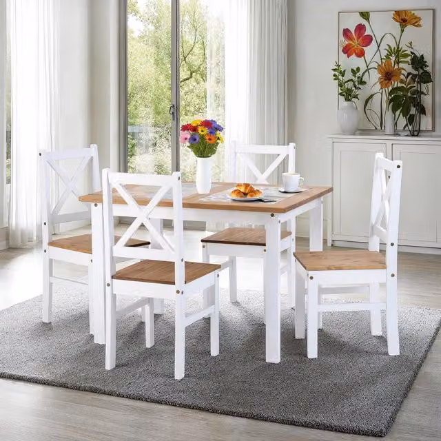 Seconique Salvador Dining Set with Ceramic Tile Top Table and 4 Chairs in White and Distressed Waxed Pine