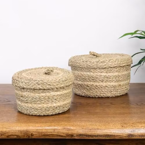 JVL Palma Set of 2 Natural Round Open Weave Storage Baskets with Lids and Handles in Sand and Beige, W/D/H: 20 x 20 x 12 cm and 20 x 20 x 4.5 cm – 3