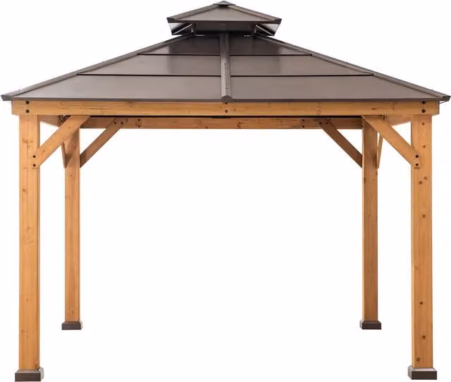 Sunjoy Rustic Cedar Wood and Metal Framed Hip Roof Gazebo in Sand and Brown, W: 393 cm, D: 335.5 cm, H: 250 cm