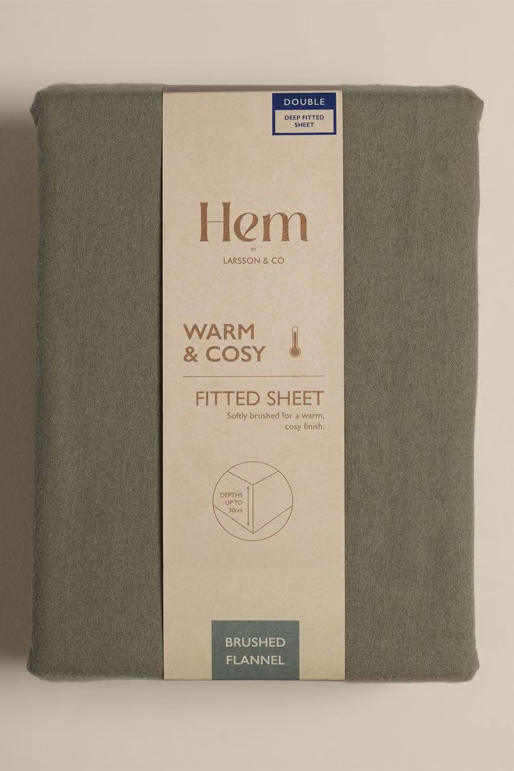 Larsson & Co Rönn Brushed Flannel Cotton Fitted Bedsheet in Green, W: 140 cm, L: 200 cm – 2
