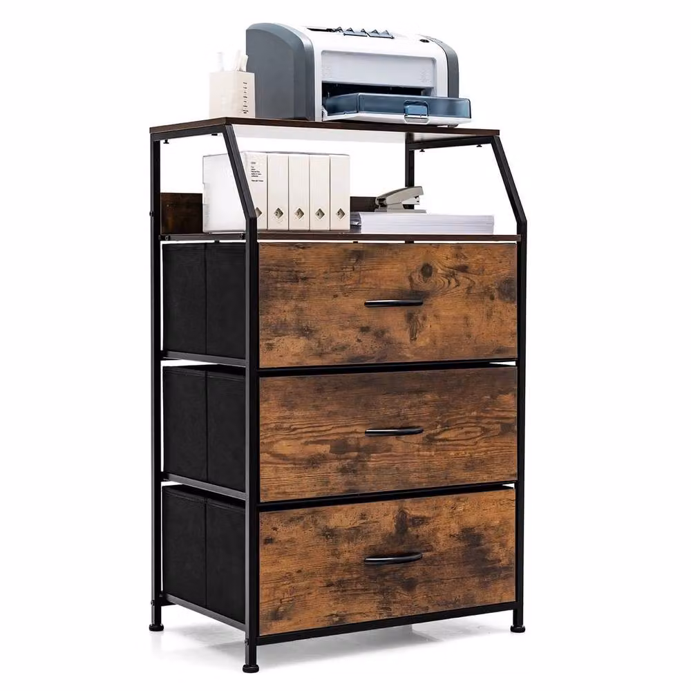 VOGREX Industrial 3 Drawer Dresser Storage Cabinet with Shelf in Brown and Beech – 3