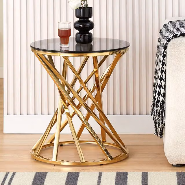 Comfy Living Gold Spiral Design Side Table with Round Glass Top