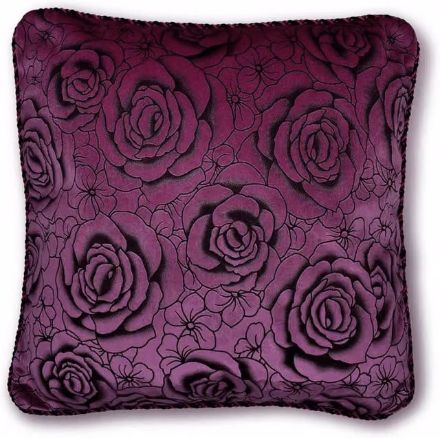 Intimates Flock Rose Square Velvet Cushion in Aubergine Purple