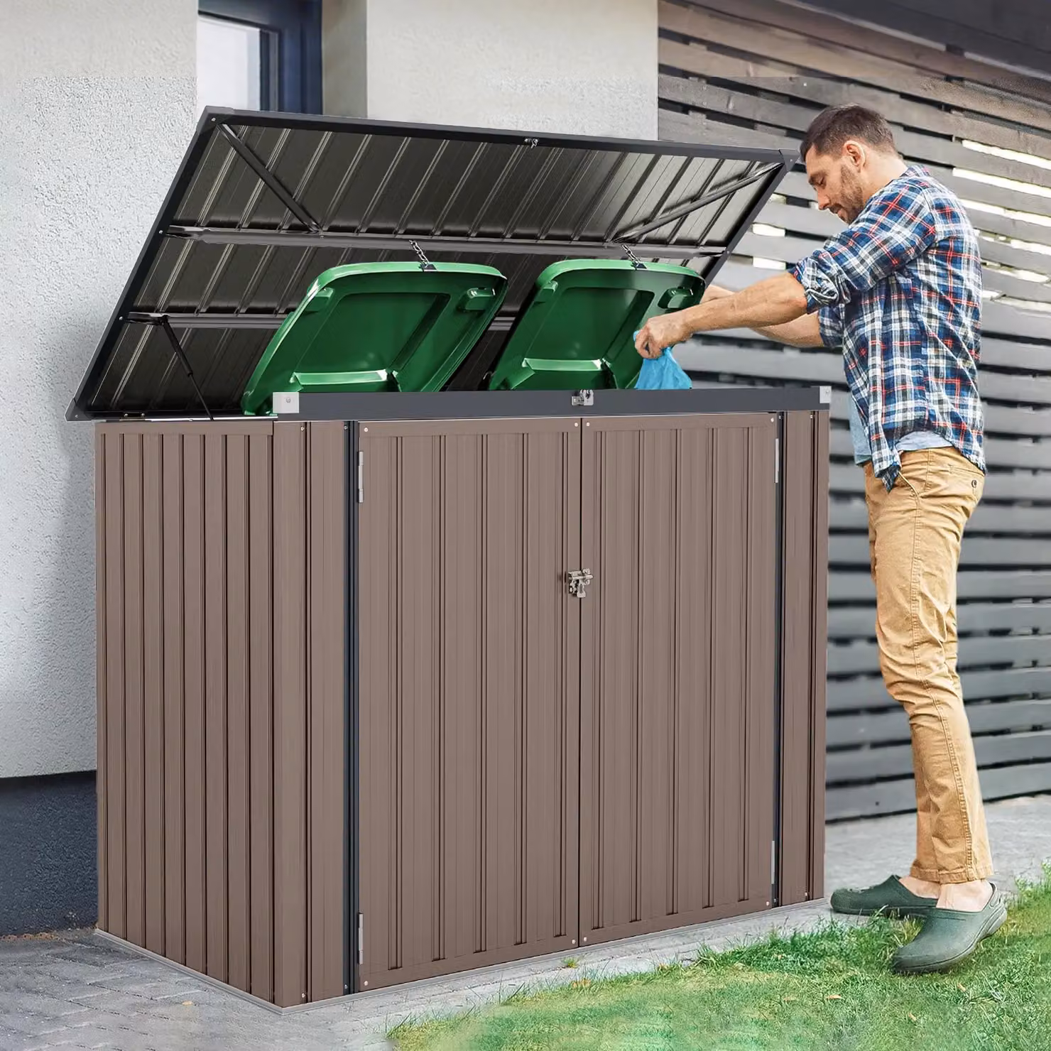 Gymax Metal Bin Store Storage Shed with Double Openings, Light Grey, W: 95 cm, D: 172 cm, H: 130 cm – 3