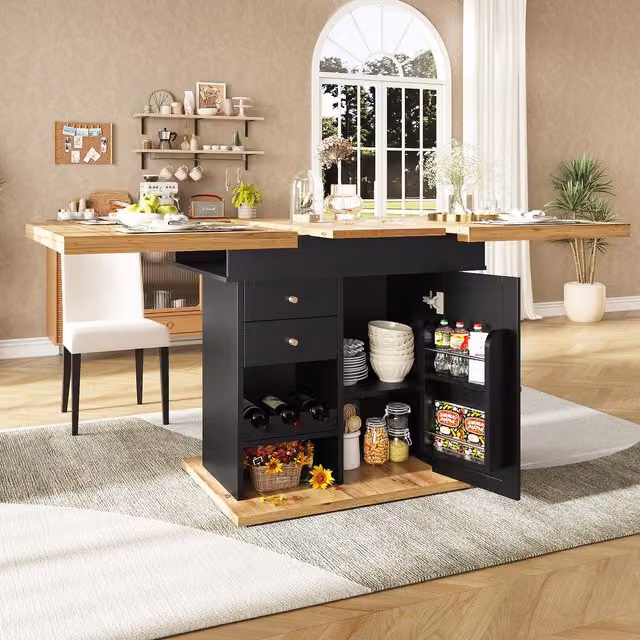 Aosom UK Telescopic Dining Table with Snack Shelf and Wine Rack for 4-6 People, Black and Natural, W: 80 cm, D: 110 cm, H: 75 cm – 1