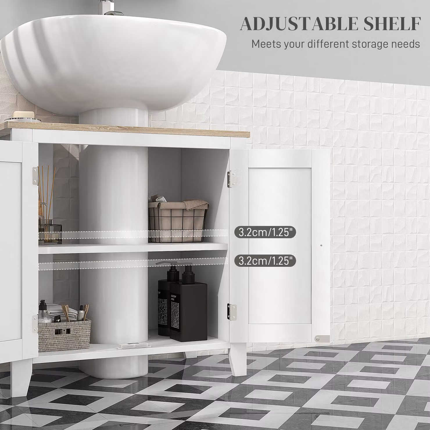 kleankin White Freestanding Under-Sink Bathroom Organiser with Adjustable Internal Shelf and Hinged Doors – 3