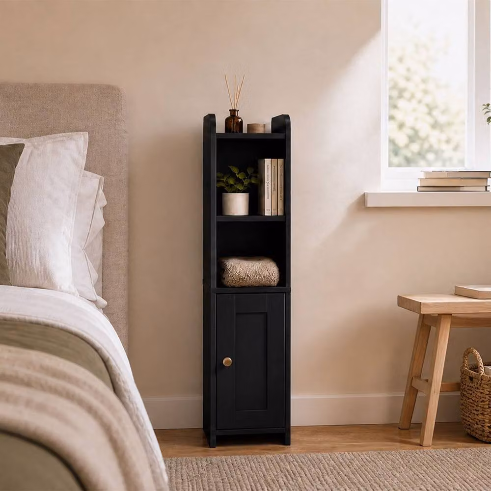 Levede Black Slim Corner Bathroom Cabinet with Adjustable Shelves and Hinged Doors – 3