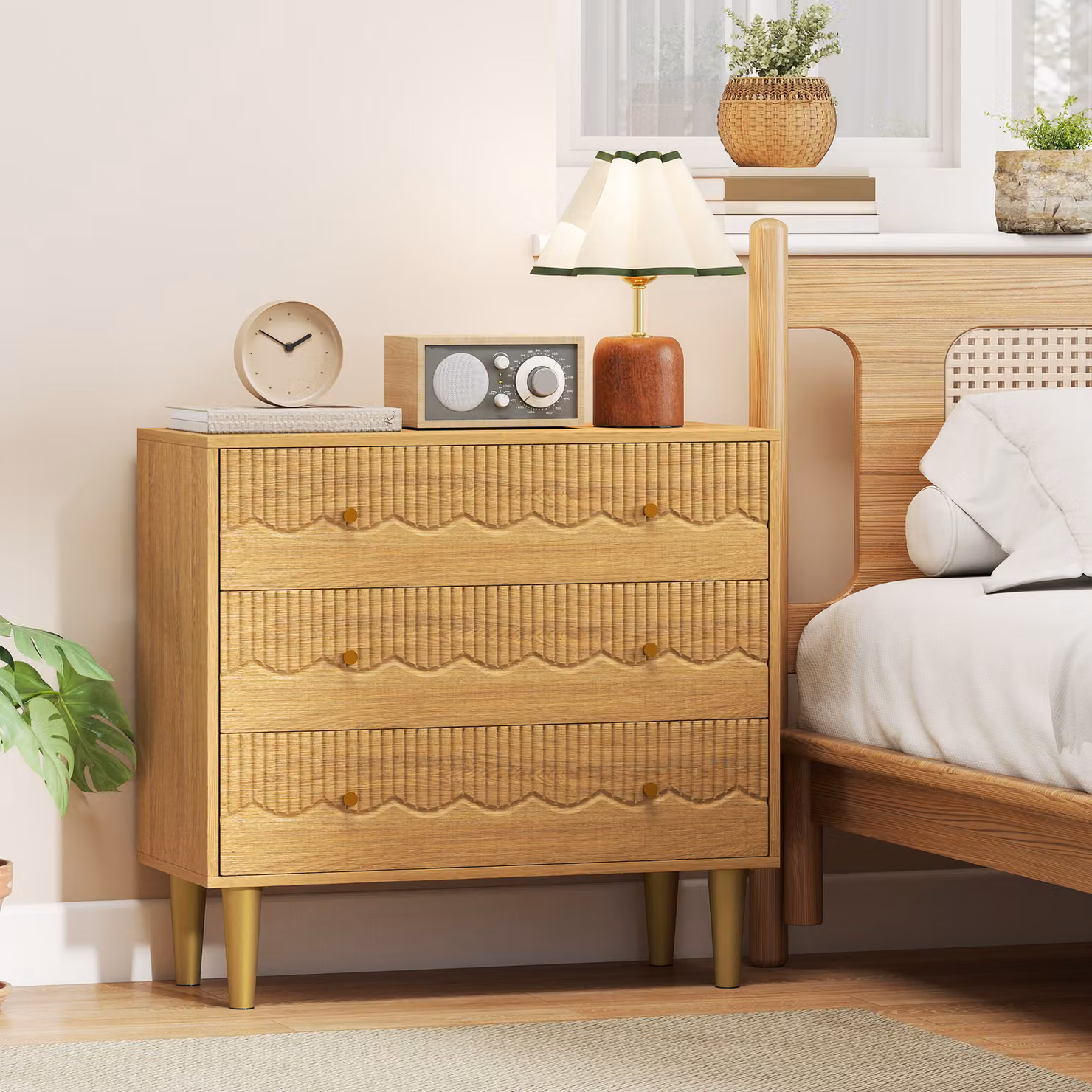 HOMCOM 3 Drawer Chest of Drawers with Steel Frame in Brown Oak – 2