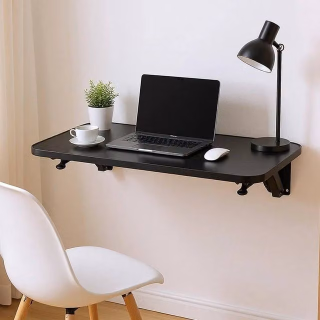 FORGEVIO Black Folding Wall Mounted Dining Table and Shelf, W: 65 cm, D: 24 cm