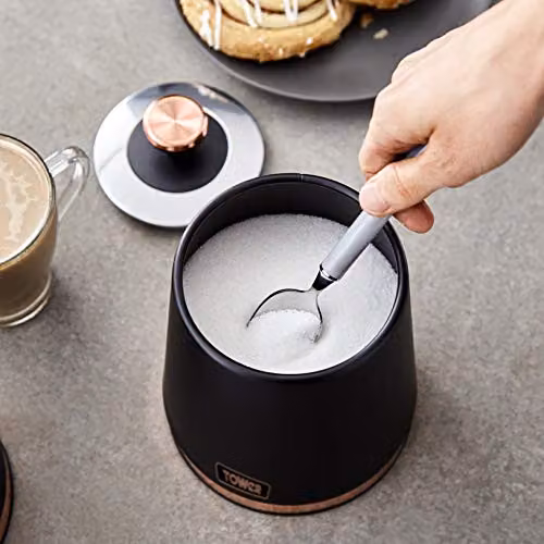 Tower Cavaletto Bread Bin with Removable Lid and Set of 3 Airtight Storage Canisters for Coffee, Sugar and Tea in Black and Gold Stainless Steel – 5