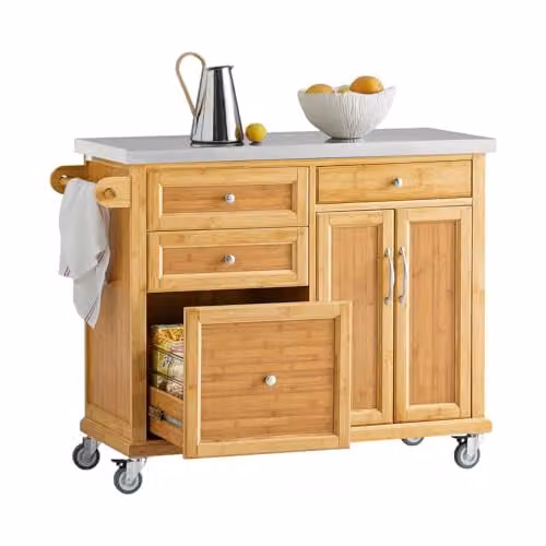 SoBuy FKW70-N Kitchen Storage Trolley and Island with Stainless Steel Top, Brown Bamboo and MDF