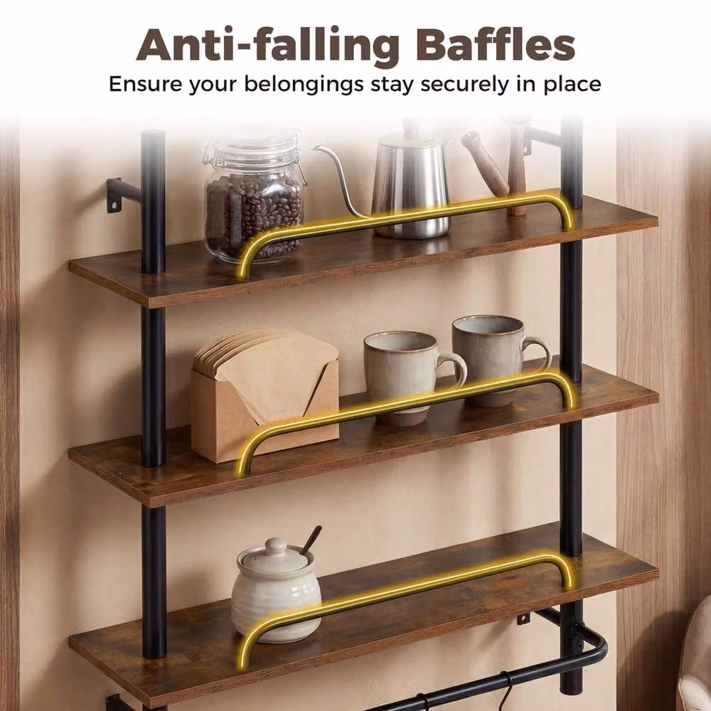VOGREX Industrial 3-Tier Wall Mounted Pipe Shelving Unit with 4 S-Shaped Hooks in Brown – 5