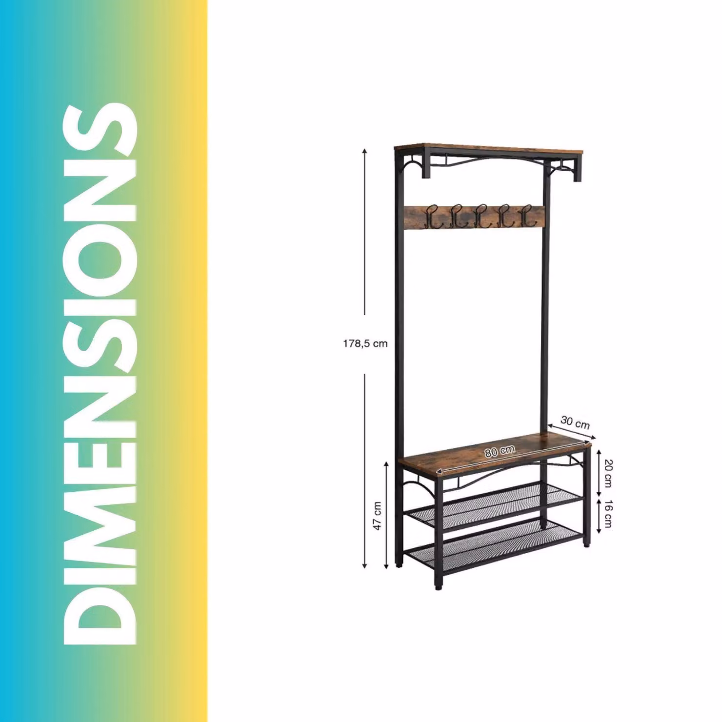 Pirlo Plush Industrial Hall Tree with Shoe Storage Bench in Brown and Black, H 178.5 x W 100 x D 40 cm – 2