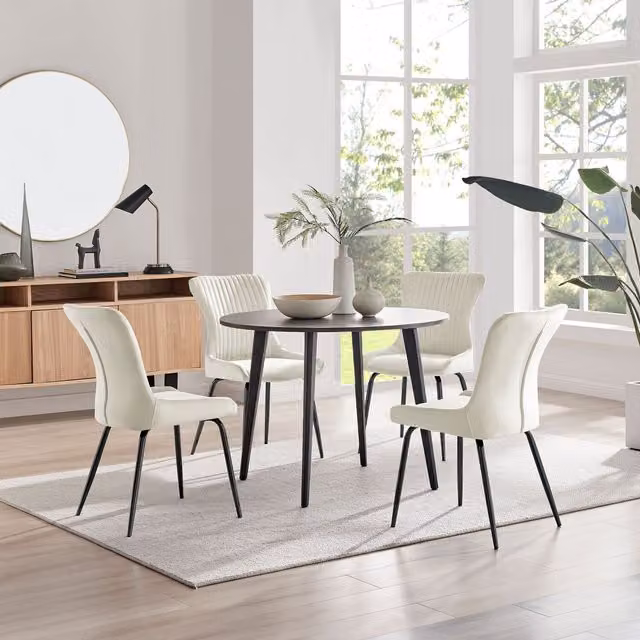 FurnitureboxUK Koko Walnut Effect Round Dining Table and 4 Nora Black Leg Chairs in Cream