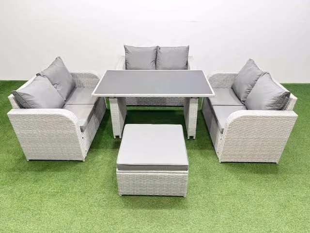 Fimous 7 Seater Modern Rattan Garden Furniture Set with Large Stool in Light Grey