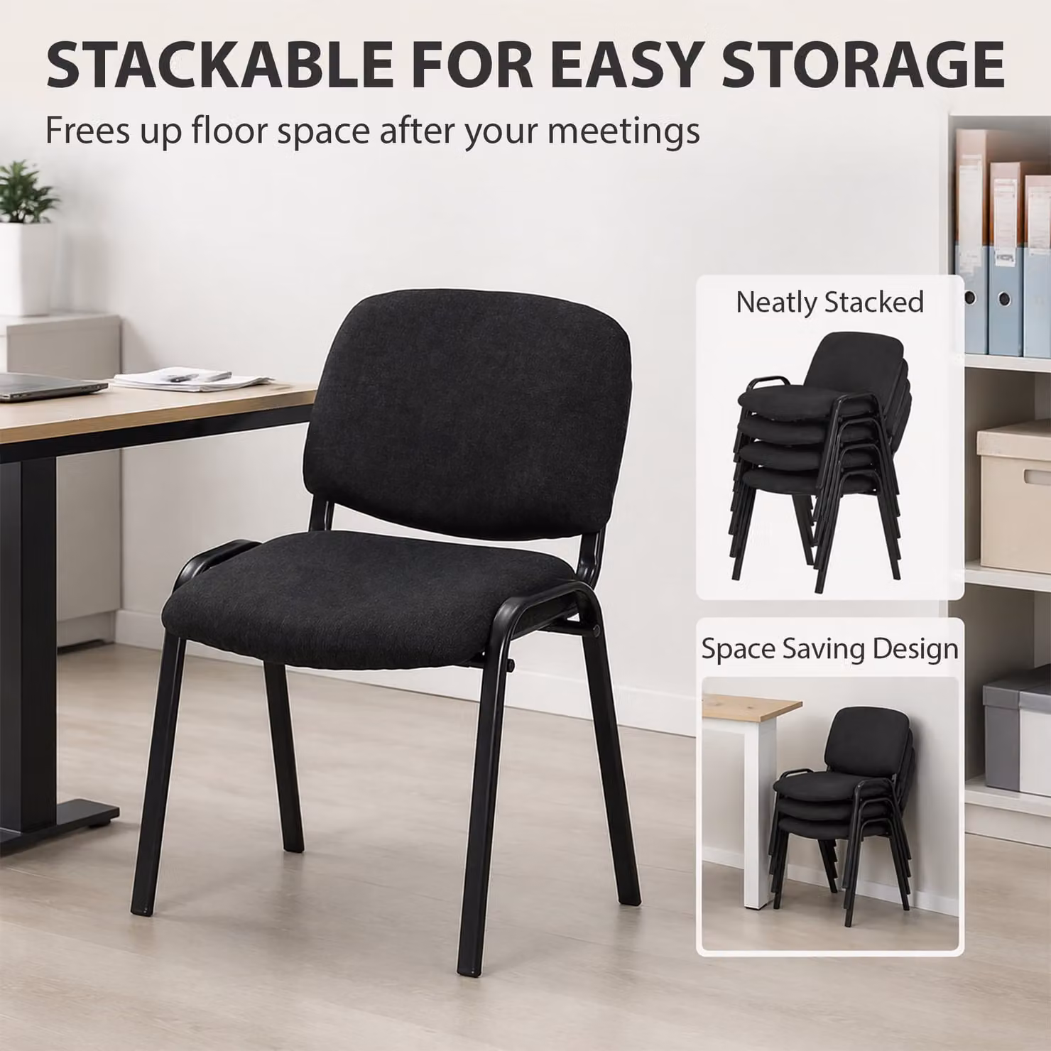 HOMCOM Set of 4 Stackable Linen-Look Fabric Reception Chairs in Black for Home or Office – 5