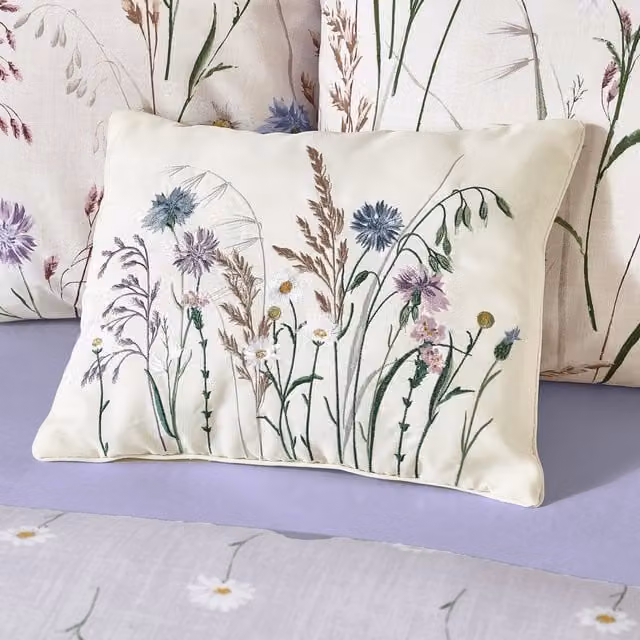 Catherine Lansfield Grasmere Floral Embroidered Rectangular Cushion in Purple, W: 40 cm, H: 30 cm – 1