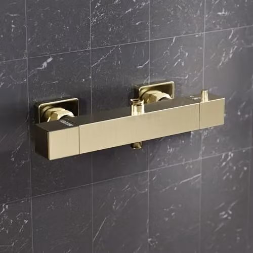 Nes Home Exposed Thermostatic Shower Mixer Bar Valve in Brushed Brass – 1