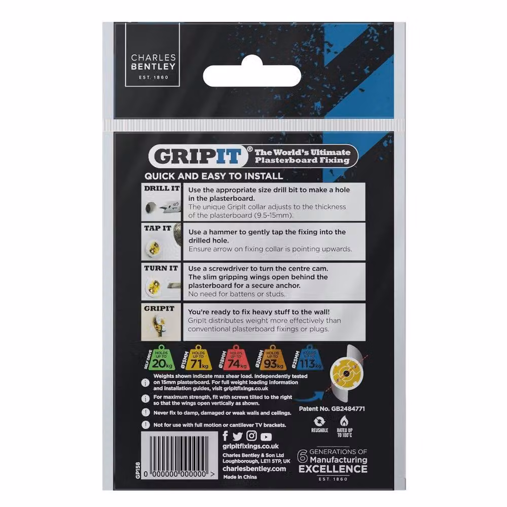 Gripit 15mm Plasterboard Cavity Wall Anchors, 8 Pack, Yellow – 2