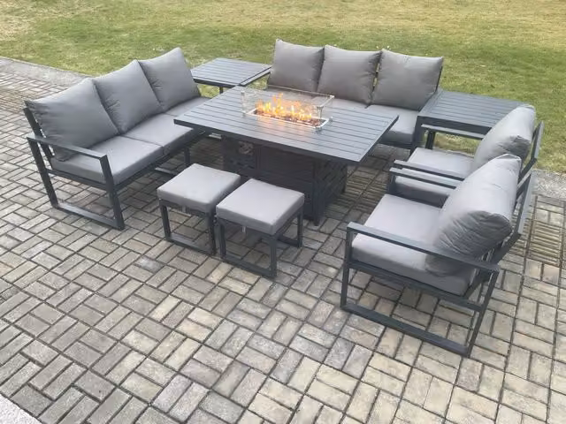 Fimous Aluminium Outdoor Garden Furniture Set in Dark Grey with Gas Fire Pit Dining Table, Lounge Sofa, 2 Footstools and 2 Side Tables