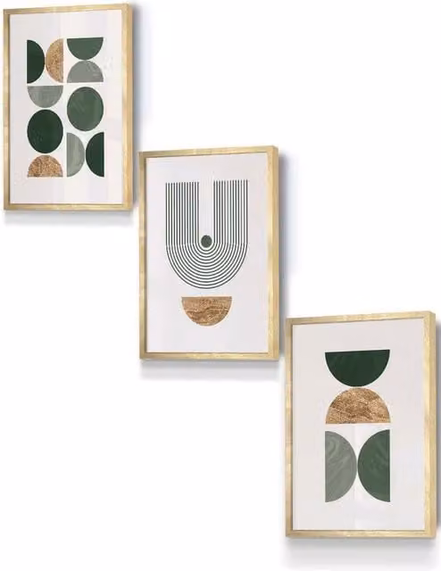 ARTZE Mid Century Geometric Abstract Framed Wall Art in Green and Gold, W: 33 cm, H: 45 cm, D: 0.2 cm