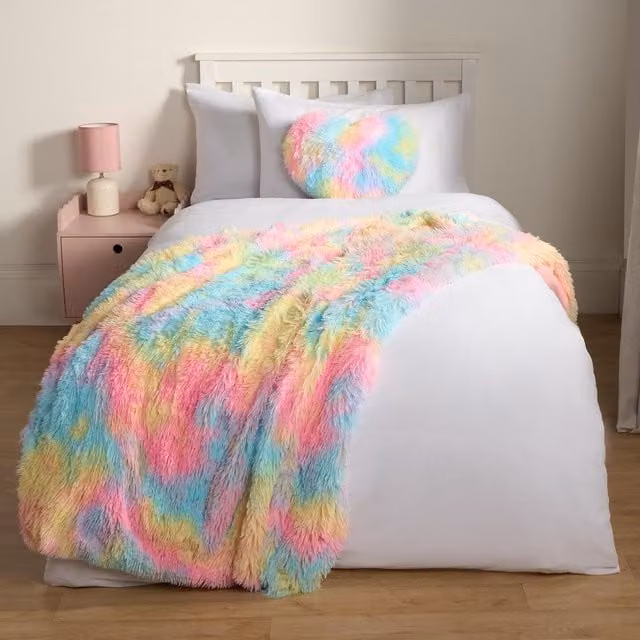 OHS Tie Dye Fluffy Faux Fur Throw in Pink and Multicolour