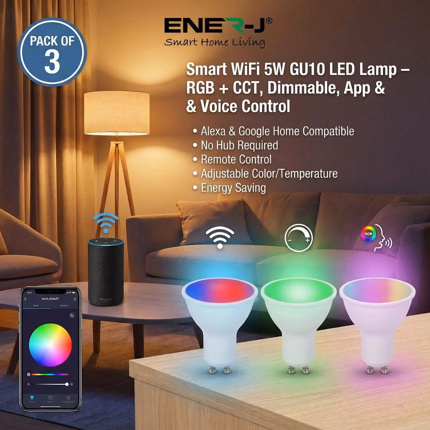 ENER-J Smart Wi-Fi GU10 LED Spotlight Bulb, 5W Dimmable RGB+W+WW Multicolour Lamp in White – 2